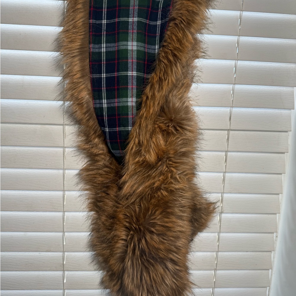 Guess Faux Fur Plaid Scarf - Brown and Green